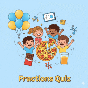 Colorful educational illustration showing children learning about fractions with everyday objects like pizza, balloons, chocolate, and juice, with fraction numbers 1/2, 1/4, and 3/4 displayed cheerfully