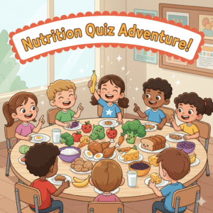 Cheerful children gathered around a table full of colorful healthy foods from all five food groups - fruits, vegetables, grains, proteins, and dairy - for a nutrition quiz adventure