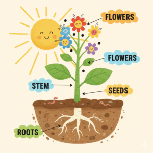 A bright, cheerful educational illustration showing a complete flowering plant with clearly labeled parts (roots, stem, leaves, flowers, seeds).