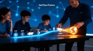 A conceptual image for GetYourTutors showing a family with an expert tutor. They are gathered around a glowing holographic timeline that visualizes the complete IB journey, starting from PYP and MYP, through key components like the EE and TOK, and culminating in IBDP and 'Global Success', symbolizing a guided path to academic achievement.