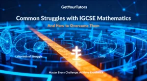 A GetYourTutors hero image visualizing "Common Struggles with IGCSE Mathematics" as a complex blue "Labyrinth of Struggle," with a straight, golden-orange path cutting directly through it to represent clarity and how to overcome them.