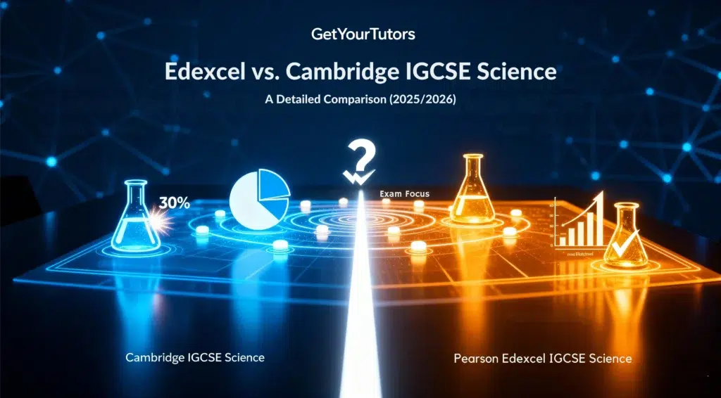 A holographic table visually compares Cambridge IGCSE Science, shown in blue with a pie chart icon, against Pearson Edexcel IGCSE Science, shown in orange with a bar graph icon, highlighting their distinct assessment styles for the 2025/2026 academic year.