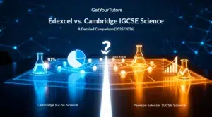 A holographic table visually compares Cambridge IGCSE Science, shown in blue with a pie chart icon, against Pearson Edexcel IGCSE Science, shown in orange with a bar graph icon, highlighting their distinct assessment styles for the 2025/2026 academic year.