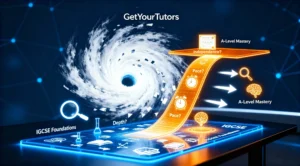 A holographic display visualizes the challenging academic jump from a broad, blue "IGCSE Foundations" platform to a higher, golden "A-Level Mastery" platform. A steep, ascending ramp highlights the new demands of pace, depth, and independence required for success.