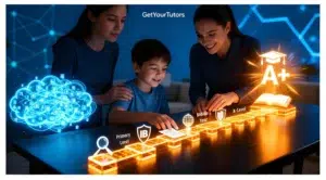 A conceptual image for a guide to home tutoring in Dubai, showing a mother, a female tutor, and a young student collaboratively planning the child's academic journey on a glowing holographic timeline. The path shows progression from Primary Level to A-Level, culminating in an A+ grade, symbolizing the benefits of personalized in-home support.
