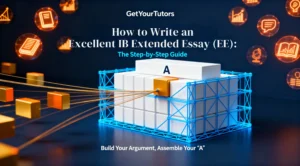 A conceptual image for GetYourTutors: A glowing blue framework represents the structure of an IB Extended Essay, being assembled block by block. The final, central block is a golden 'A', symbolizing the step-by-step process to achieve an excellent grade. The title reads "How to Write an Excellent IB Extended Essay (EE): The Step-by-Step Guide."