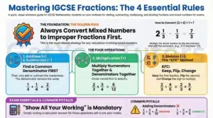 Here is the text in clean, plain format with all the symbols and formatting removed for easy copy-pasting: Detailed IGCSE Maths infographic by GetYourTutors explaining the 4 Essential Rules for Fractions. The Golden Rule: "Always Convert Mixed Numbers to Improper Fractions First." Visualizes converting 2 1/3 to 7/3. The 4 Operations: Addition/Subtraction: Must find a Common Denominator FIRST. Multiplication: Multiply Numerators together and Denominators together (Top x Top, Bottom x Bottom). Division: Explains the "KFC Method" (Keep, Flip, Change): Keep the first fraction, Flip the second, Change sign to multiply. Exam Essentials: Warns that "Show All Your Working" is mandatory for marks. Common Pitfall: Explicitly shows that adding denominators is WRONG (e.g., 1/5 + 2/5 does not equal 3/10).
