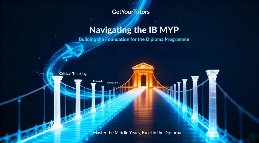A visual metaphor for GetYourTutors showing the IB MYP as a glowing bridge, supported by pillars like "Critical Thinking" and "Research," leading directly to the "Diploma Programme" (DP), symbolizing a clear path to success.