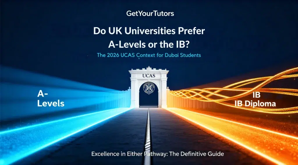 A visual metaphor for GetYourTutors showing two paths, one blue for "A-Levels" and one orange for "IB Diploma," both leading to a glowing archway representing "UCAS" and UK universities, symbolizing the choice between the two curricula.