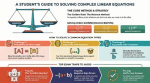 "GetYourTutors guide: 'A Student's Guide to Solving Complex Linear Equations.' Top Panel: Defines the 'Balance Method' (Golden Rule: whatever you do to one side, do to the other) and the solving order 'SAMDIB' (Reverse BIDMAS). Middle Panel: Step-by-step strategies for 3 Common Equation Types. 1. Unknowns on Both Sides: Move the smaller x-term first. 2. Equations with Brackets: Expand brackets to simplify. 3. Equations with Fractions: Eliminate denominators by multiplying by the LCD (Lowest Common Denominator). Bottom Panel: Exam Traps to Avoid, such as the 'Invisible Bracket' error on numerators and negative sign errors before fractions."