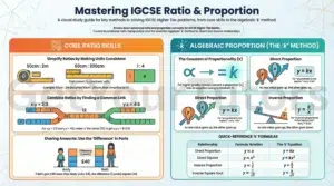 Detailed educational infographic by GetYourTutors regarding IGCSE Higher Tier Ratio and Proportion methods. Part 1: Core Ratio Skills Simplification: Shows how to make units consistent before simplifying (e.g., converting 50cm : 2m to 50cm : 200cm to get 1:4). Combining Ratios: Visualizes the "Common Link" method. Given x:y = 2:3 and y:z = 4:5, it uses the LCM of 12 for 'y' to combine them into 8:12:15. Sharing Amounts: Explains the "Difference" method (finding the value of one part when given the difference between shares, e.g., Beth has £40 more). Part 2: Algebraic Proportion (The 'k' Method) The Constant (k): Explains converting a proportionality symbol into an equation using a constant k. Direct Proportion: As one value goes up, the other goes up (y = kx). Inverse Proportion: As one value goes up, the other goes down (y = k/x). Formula Reference Table: Direct Square: y proportional to x^2 becomes y = kx^2. Inverse Square Root: y proportional to 1/sqrt(x) becomes y = k/sqrt(x).