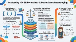 Detailed revision guide for Mastering IGCSE Formulae: Substitution & Rearranging. Substitution: Highlights the Golden Rule of always using brackets for negative numbers (e.g., substituting x = -3). Changing the Subject: Demonstrates the Reverse BIDMAS (or SAMDIB) method to isolate variables. Grade 9 Skill: Visualizes how to factorise when the subject appears twice in an equation. Exam Traps: Warns against the Square Root Trap in real-world formulas like the Pendulum equation (T = 2 pi times root l over g).