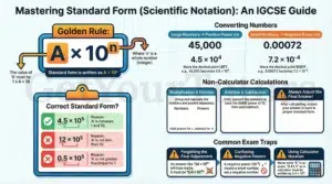"GetYourTutors IGCSE guide 'Mastering Standard Form (Scientific Notation).' Visualizes the Golden Rule: numbers must be written as A x 10^n where A is between 1 and 10. Features conversion examples: 45,000 becomes 4.5 x 10^4 (positive power) and 0.00072 becomes 7.2 x 10^-4 (negative power). Includes a 'Common Exam Traps' section warning against using calculator 'E' notation and forgetting final adjustments."