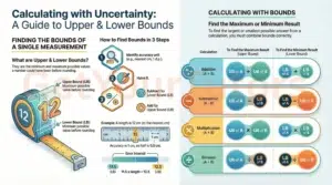 Detailed IGCSE Maths infographic by GetYourTutors explaining Upper and Lower Bounds and Error Intervals. Part 1: Finding Bounds of a Single Measurement Definition: Explains bounds as the minimum and maximum possible values before rounding. The 3-Step Method: 1. Identify accuracy unit (e.g., nearest cm). 2. Halve it. 3. Add to original for Upper Bound (UB), Subtract for Lower Bound (LB). Example: A length of 12cm (nearest cm) has an accuracy of 1cm. Half is 0.5cm. Bounds are 11.5cm (LB) and 12.5cm (UB). Notation: 11.5