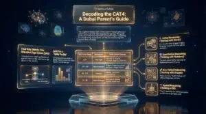 GetYourTutors infographic: 'Decoding the CAT4: A Dubai Parent's Guide.' Visualizes score interpretation and school targets. SAS Score Breakdown for Dubai Schools: 1. 127+ (Very High): Indicates potential for Gifted & Talented programs (e.g., JESS, DC). 2. 112–126 (Above Average): The target range for selective schools like Dubai College & DESC. 3. 89–111 (Average): Meeting curriculum expectations. 4. 74–88 (Below Average): May require learning support intervention. The 4 Batteries Explained: 1. Verbal Reasoning: Thinking with words (low scores may trigger EAL support). 2. Quantitative Reasoning: Number patterns; predicts Math/Physics success. 3. Non-Verbal Reasoning: Thinking with shapes; measures 'Fluid Intelligence' without language barriers. 4. Spatial Reasoning: Thinking in 3D; the #1 predictor for STEM success. Key Metrics: Explains SAS (Standard Age Score) and the importance of identifying a 'Spiky Profile' (large gaps between skills)