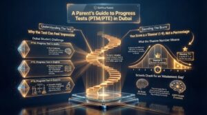 GetYourTutors infographic: 'A Parent's Guide to Progress Tests (PTM/PTE) in Dubai.' Visualizes the structure and scoring of GL Assessments. 1. The Challenge: Explains the tests are 'Adaptive' (correct answers unlock harder questions to find the student's upper limit), often making them feel 'impossible' to students. 2. Subject Specifics: Notes that PTM (Maths) relies heavily on English literacy for word problems, while PTE (English) tests technical grammar. 3. Decoding Scores: Visualizes the Stanine Bell Curve (1-9). Clarifies that scores are NOT percentages: Stanine 5 = UK Average, Stanine 7+ = Top 23%. 4. The Analysis: Shows how schools check for an 'Attainment Gap' by comparing GL Scores (Current Performance) against CAT4 Scores (Potential) to flag underperformance.
