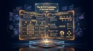 "GetYourTutors infographic: 'The IB PYP Exhibition: A Survival Guide.' Visualizes the final capstone project for Grade 5 students. 1. The Project Team (Roles & Rules): A comparison table defining boundaries. Student (The Owner): Chooses passion topic, conducts research, writes final output. Tutor (The Mentor): Helps narrow the scope, teaches research methods, and proofreads (ensuring academic integrity). Parent (The Supporter): Encourages (does not dictate), provides access to museums/libraries, and buys display board materials. 2. How a Tutor Mentors: Visualizes the support process: Project Management (Creating Gantt Charts/Timelines), Real Research Skills (Moving beyond Google to Surveys, Interviews, and Expert outreach), and Brainstorming Feasible Action (Turning generic ideas like 'Save the Ocean' into manageable actions like 'Plastic-free lunch day')."