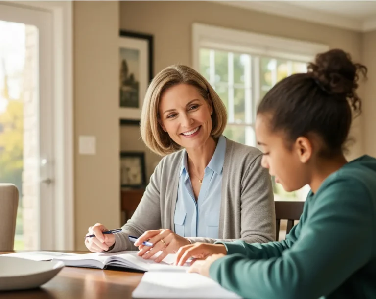 a smiling female tutor giving lesson to a student in home.