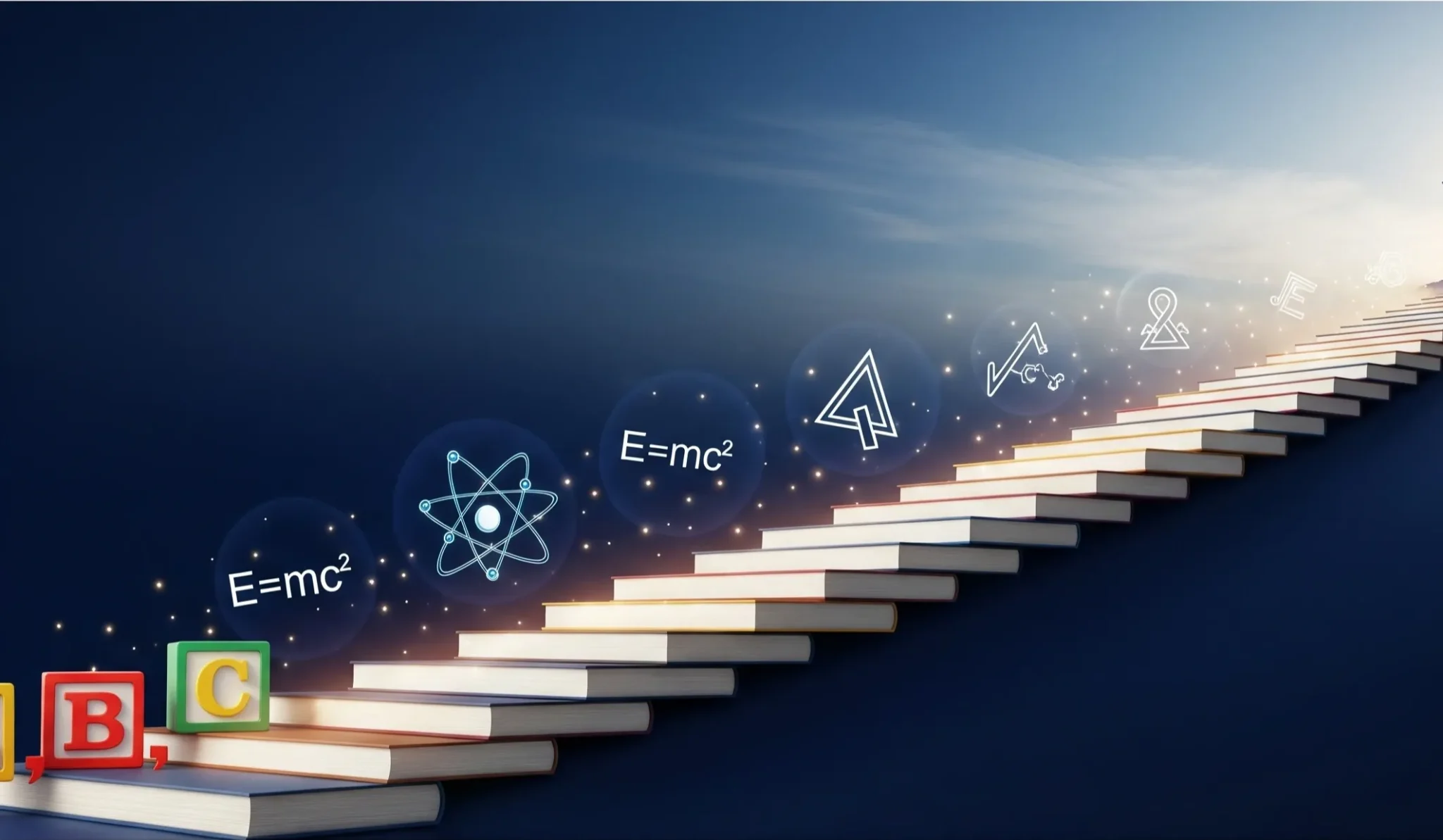 An inspiring image of a staircase made of books, showing the educational journey from primary learning blocks to advanced academic symbols, leading to success in Dubai.