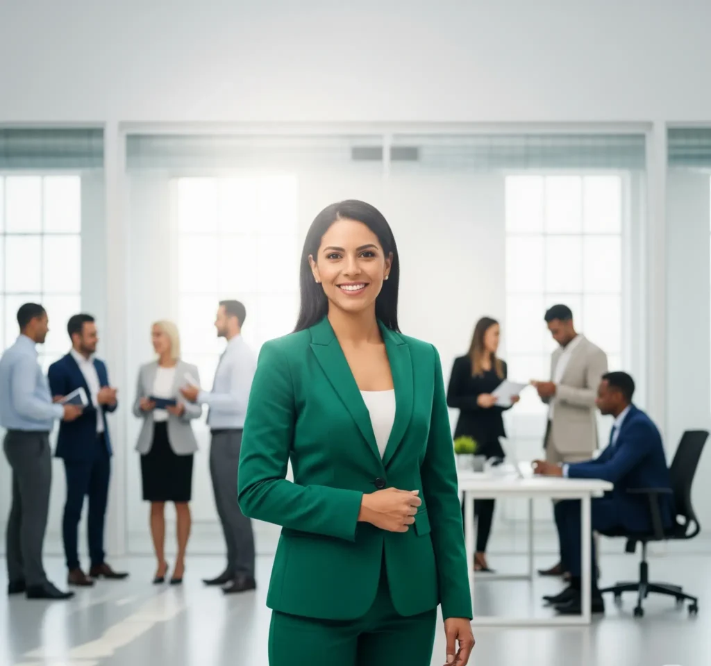 A confident female professional in a green suit smiles at the camera, standing out from a blurred diverse group of colleagues in a bright, modern office, symbolizing exceptional talent for tutor jobs in Dubai.